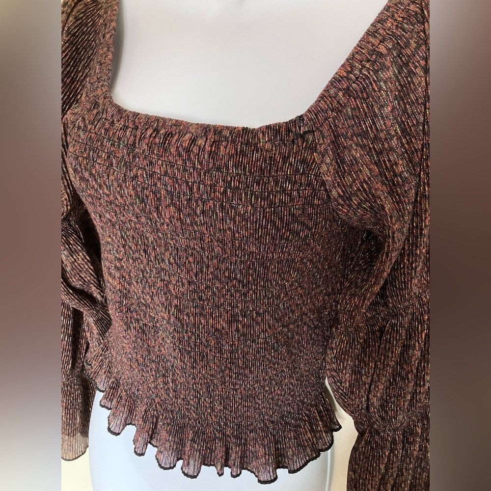 Anthropologie Brown Metallic Smocked Puff Sleeved Juliet Top Medium - Picture 4 of 7